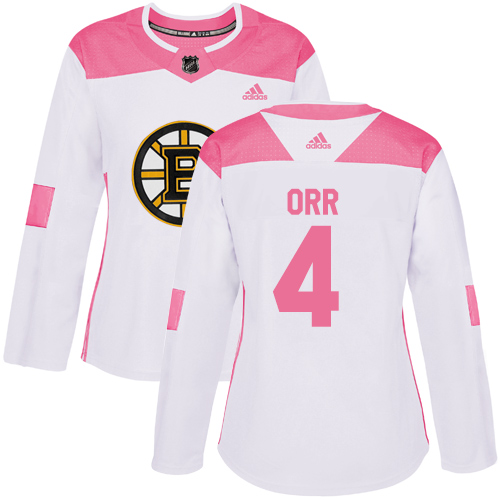 Adidas Bruins #4 Bobby Orr White/Pink Authentic Fashion Women's Stitched NHL Jersey - Click Image to Close